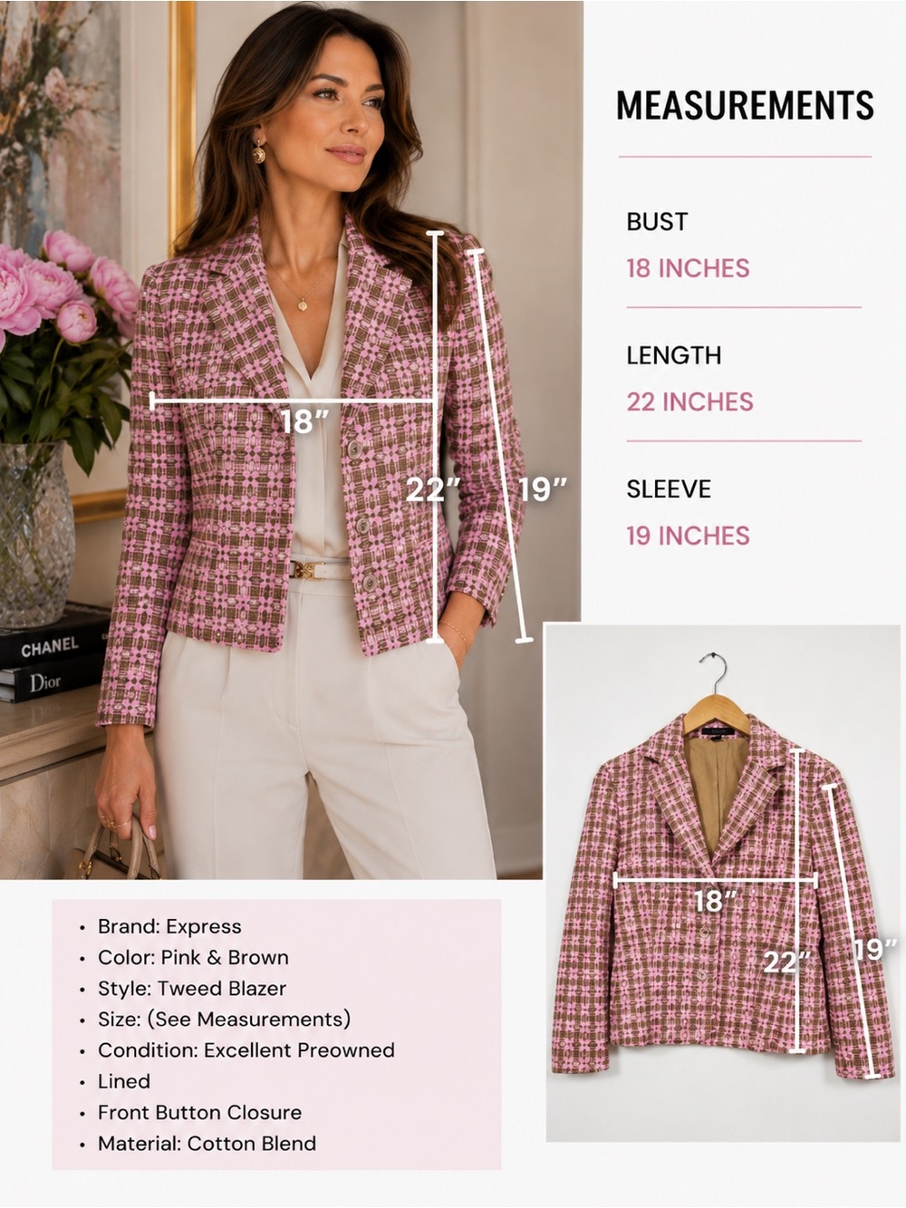 Express Pink and Green 100% cotton Tweed blazer size 6 - Picture 8 of 8